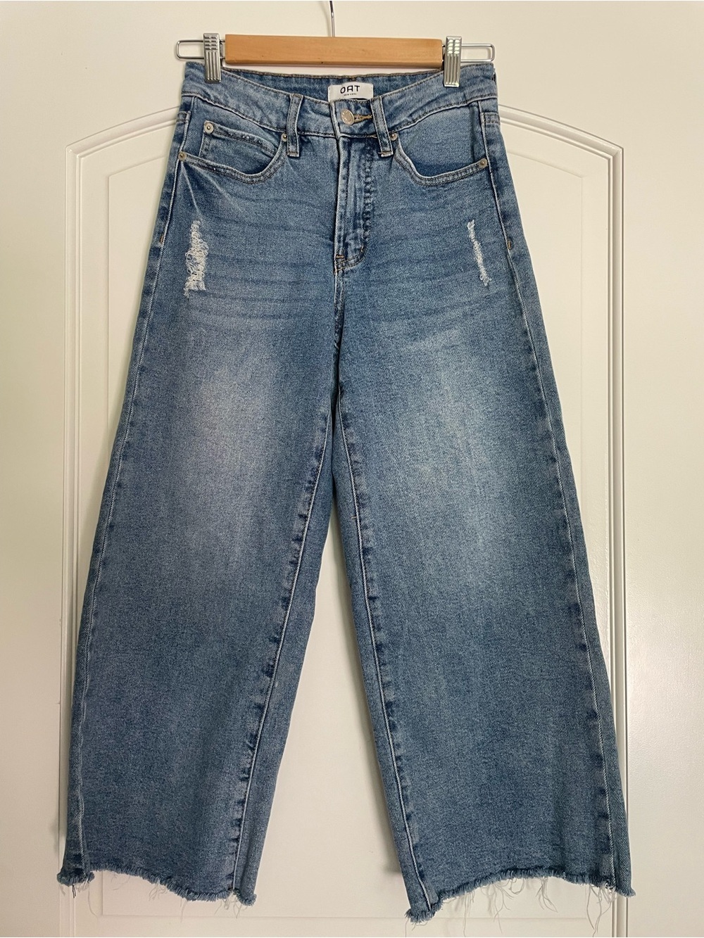 OAT NEW YORK Wide-Leg Jeans High Rise Blue Button Zip Distressed Raw Hem 26